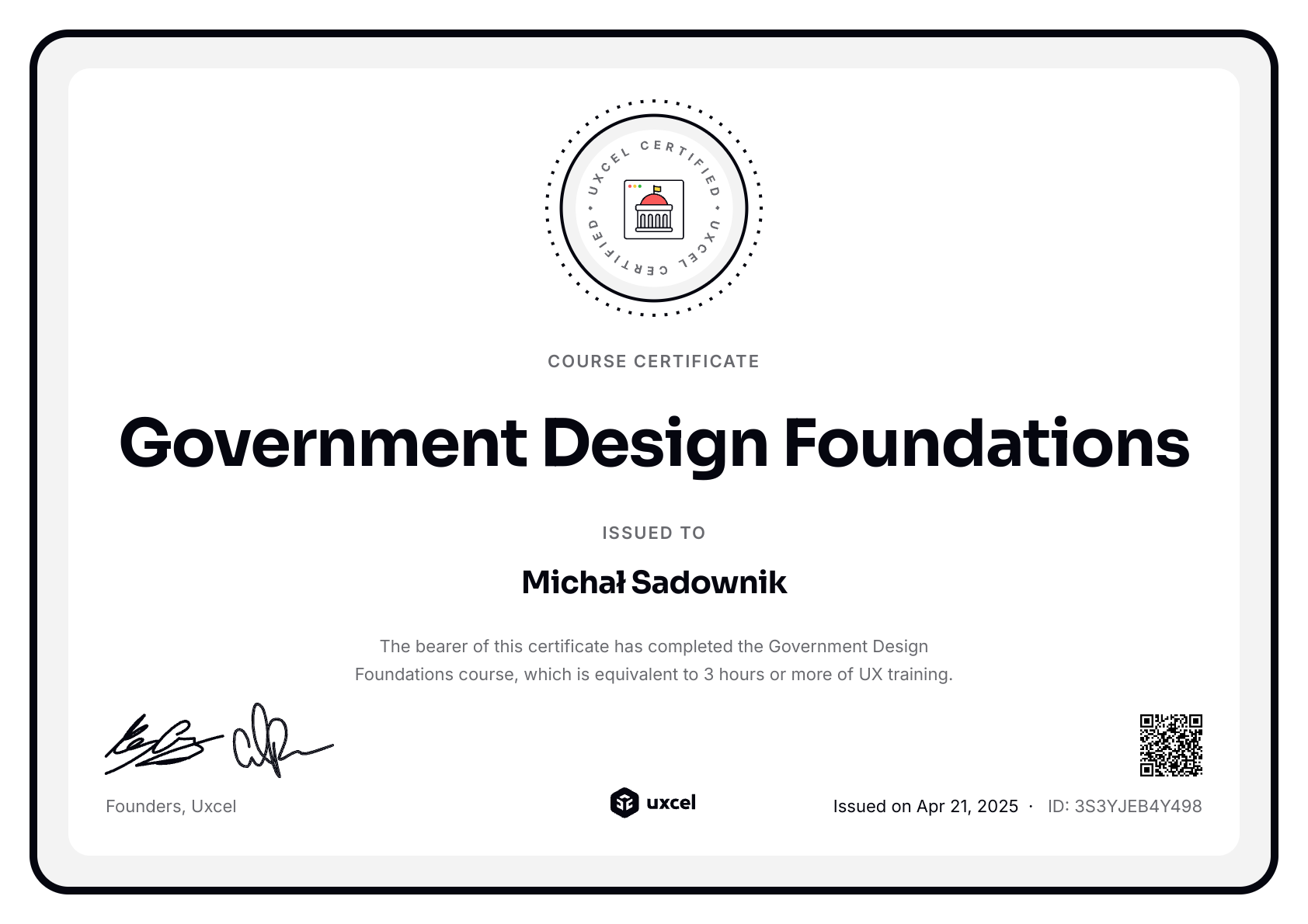 Michał Sadownik's certificate